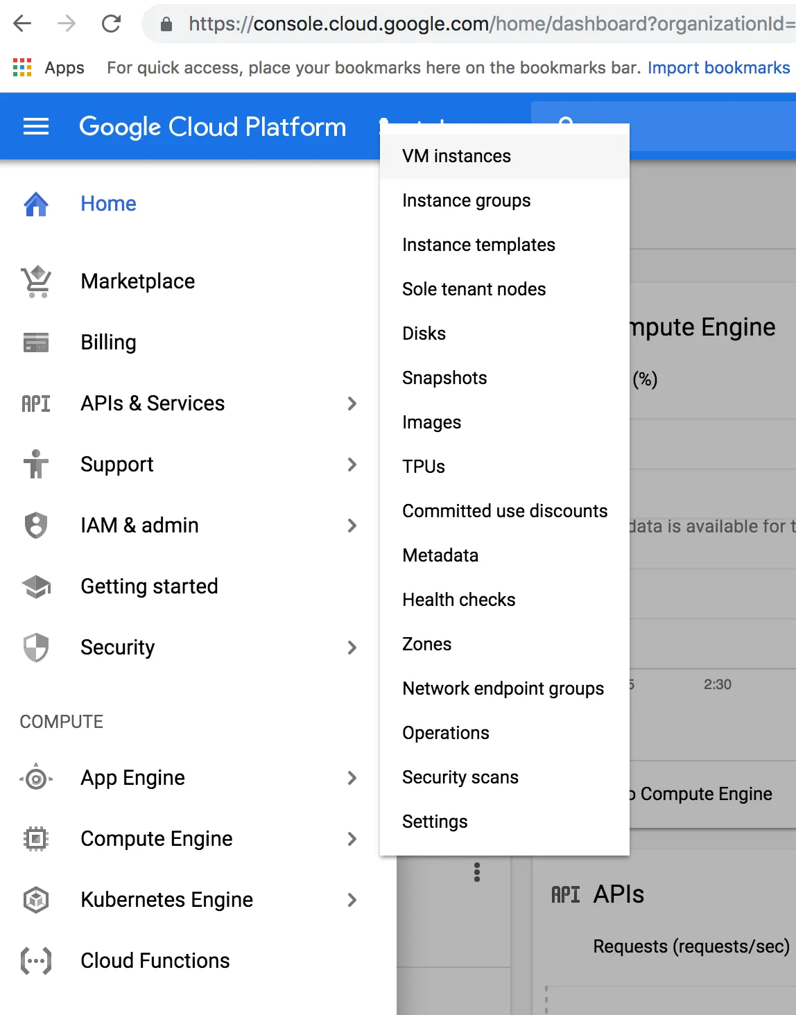 GCP Console side drawer Compute Engine VM Instances