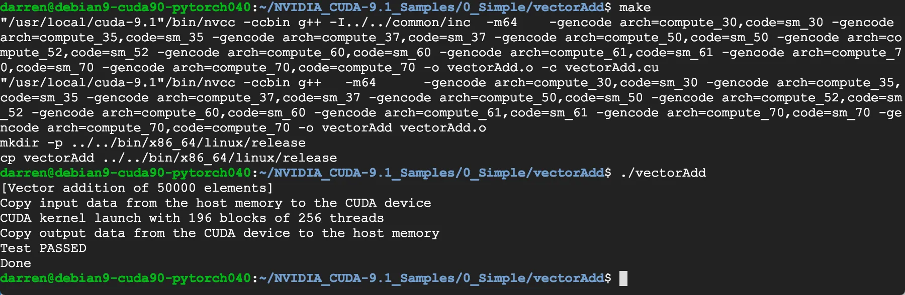 VM compile and run CUDA test code